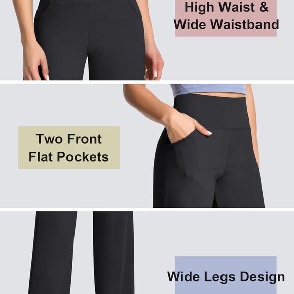 Black High Waist Wide Legs Yoga Pants with Pockets, 35" Inseam, Tummy Control - Picture 5 of 6